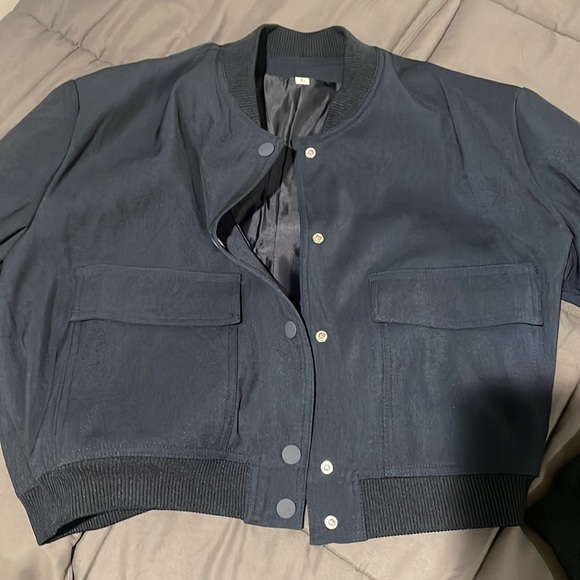 79. influencer blue Bomber Jacket Cropped Fitted Coat button down with pockets - Picture 8 of 8